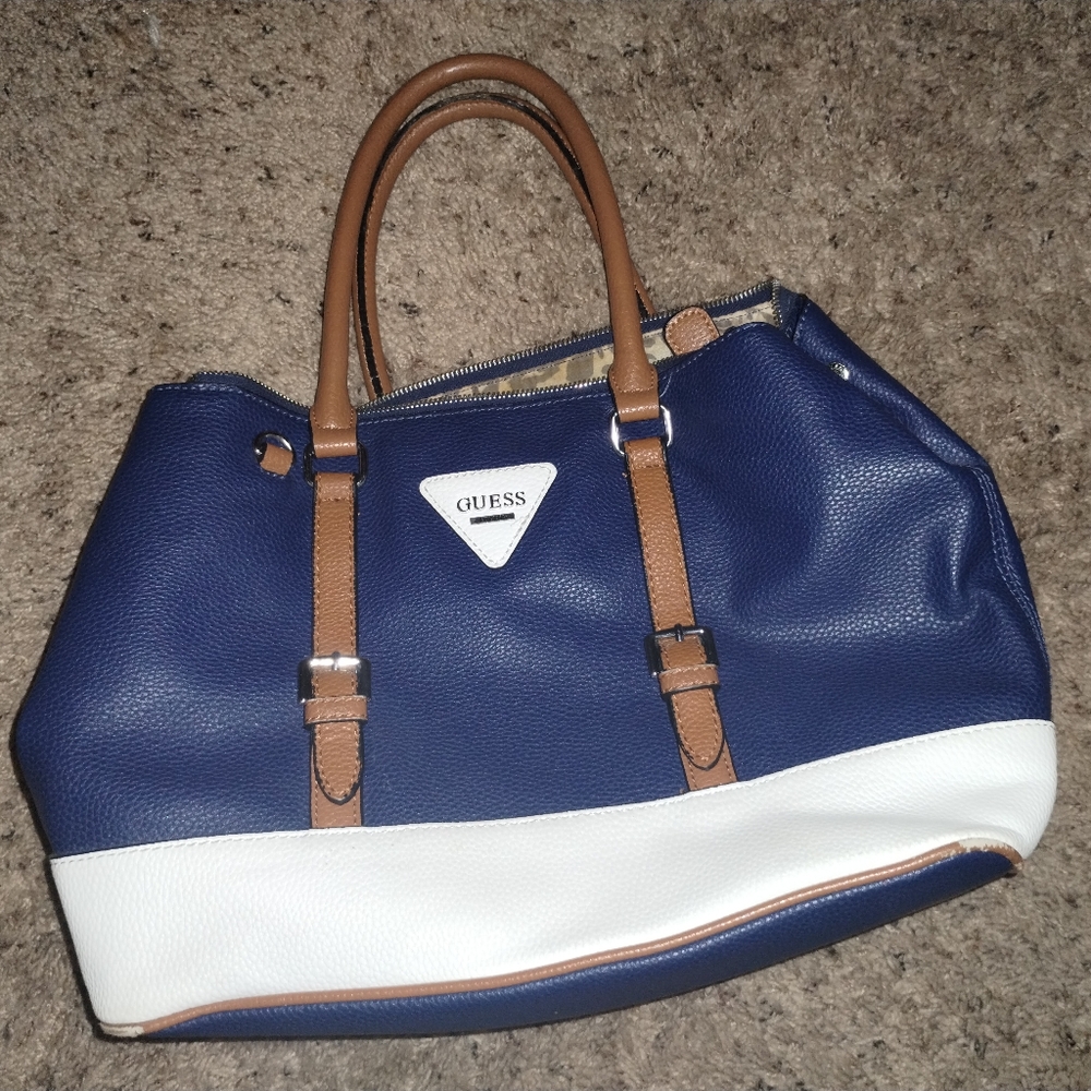 GUESS 2 Zipper handbag Multi Pocket Blue & White Brown Straps Cheetah P Lining - Picture 1 of 9